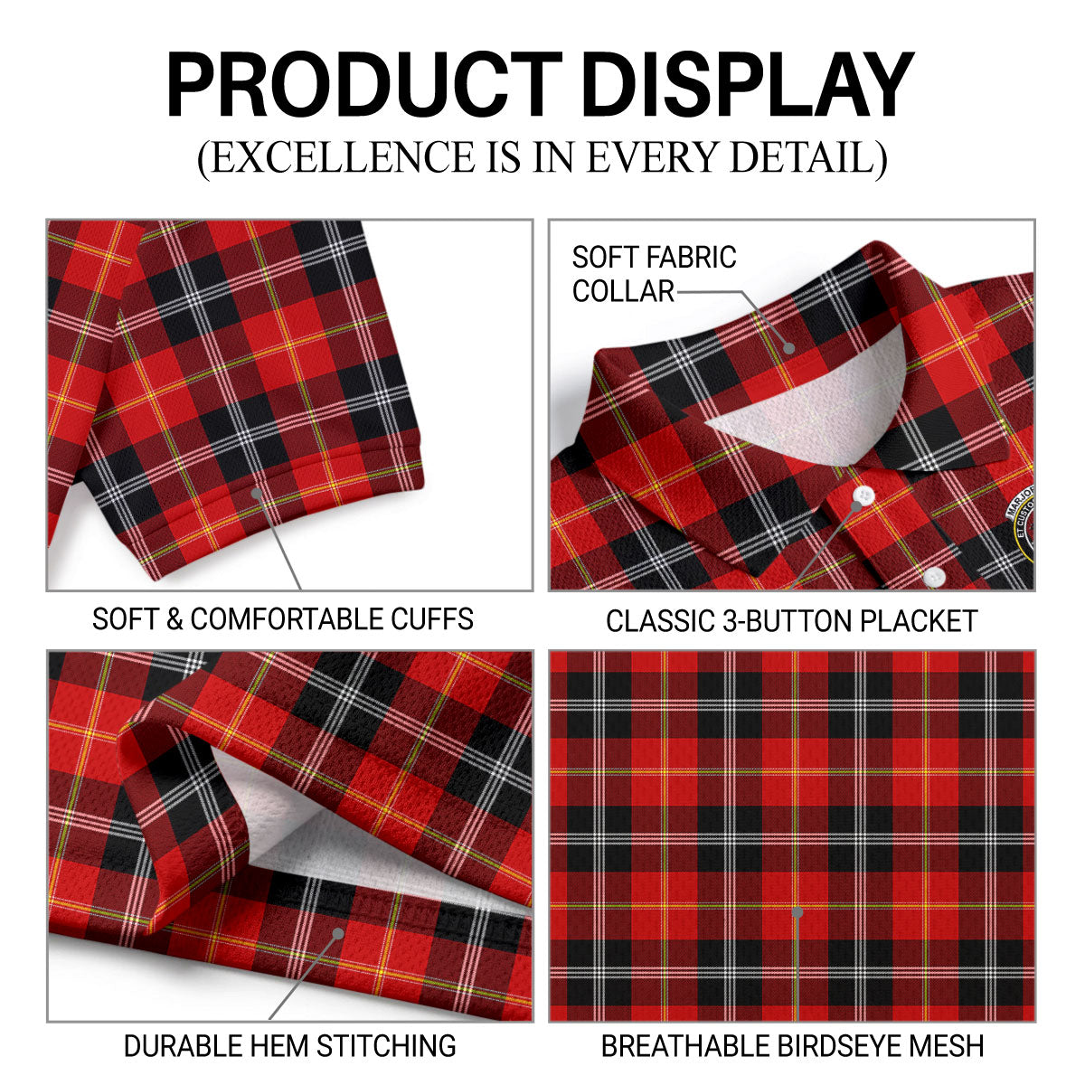 Marjoribanks Tartan Crest Birdseye Mesh Polo Shirt