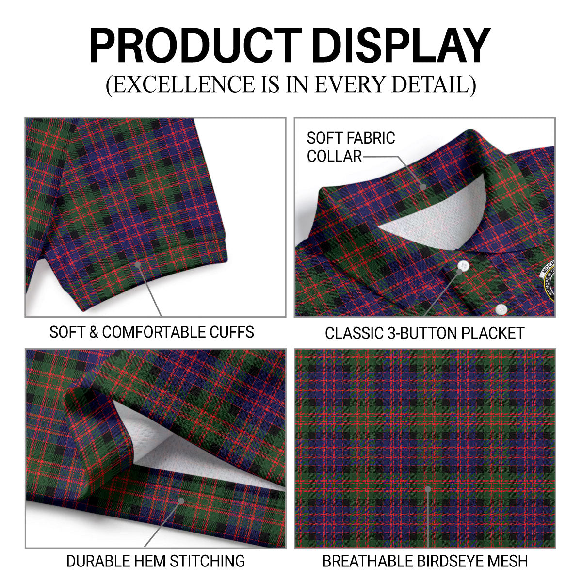 McCrindle Tartan Crest Birdseye Mesh Polo Shirt