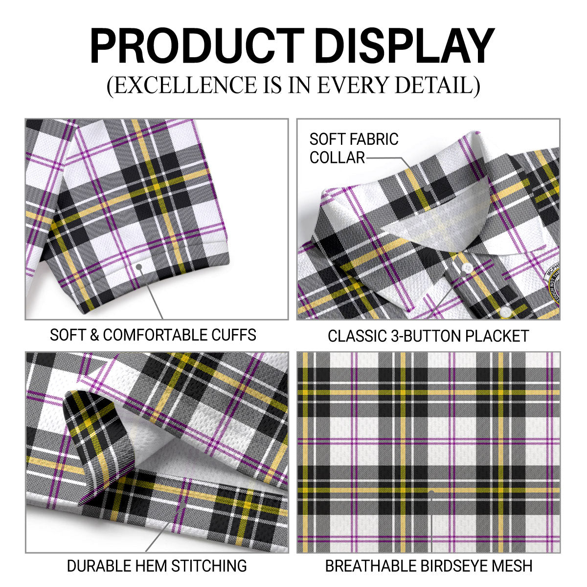 McPherson Dress Modern Tartan Crest Birdseye Mesh Polo Shirt