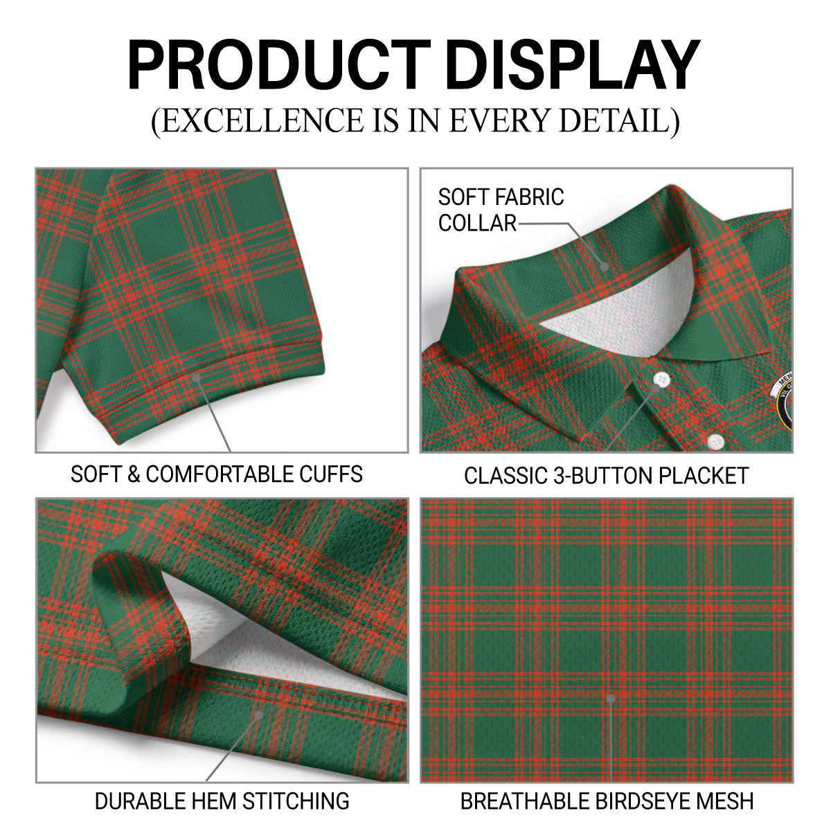 Menzies Green Ancient Tartan Crest Birdseye Mesh Polo Shirt