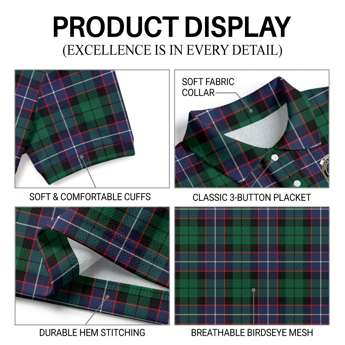 Mitchell Modern Tartan Crest Birdseye Mesh Polo Shirt
