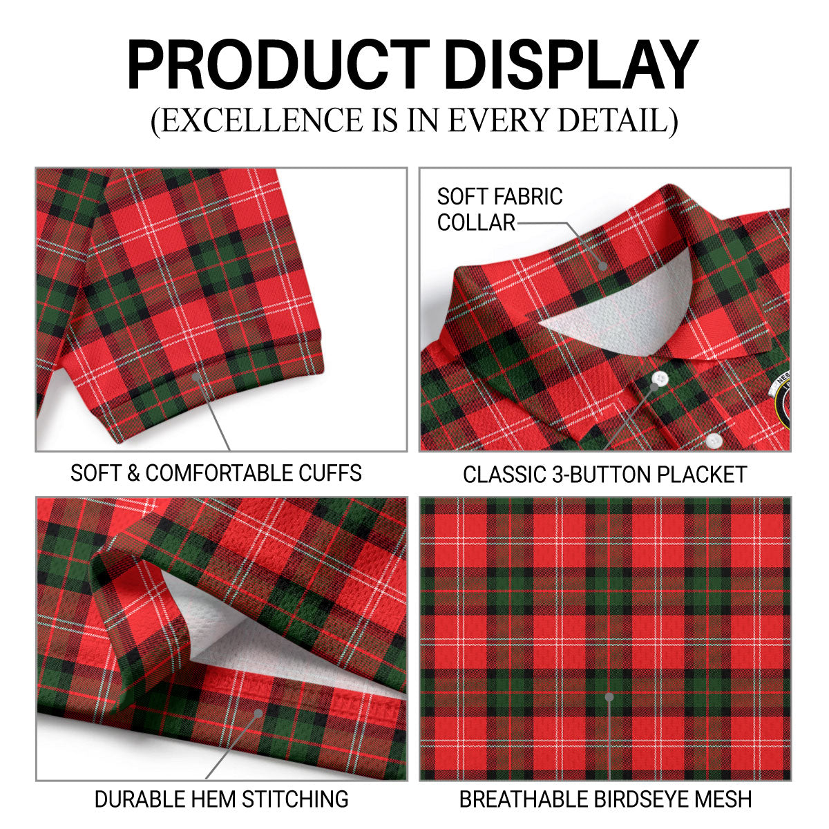 Nesbitt Modern Tartan Crest Birdseye Mesh Polo Shirt