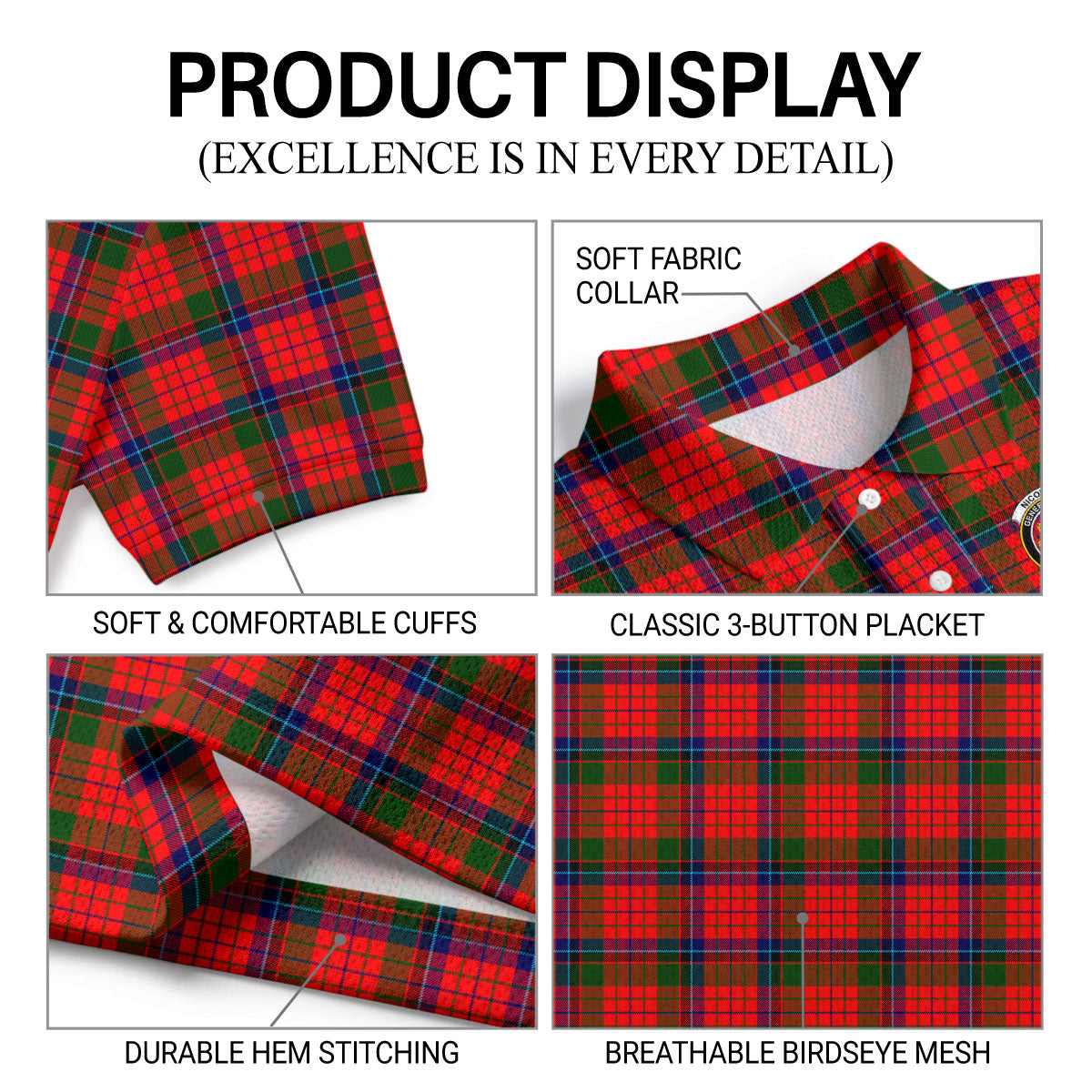 Nicolson Modern Tartan Crest Birdseye Mesh Polo Shirt