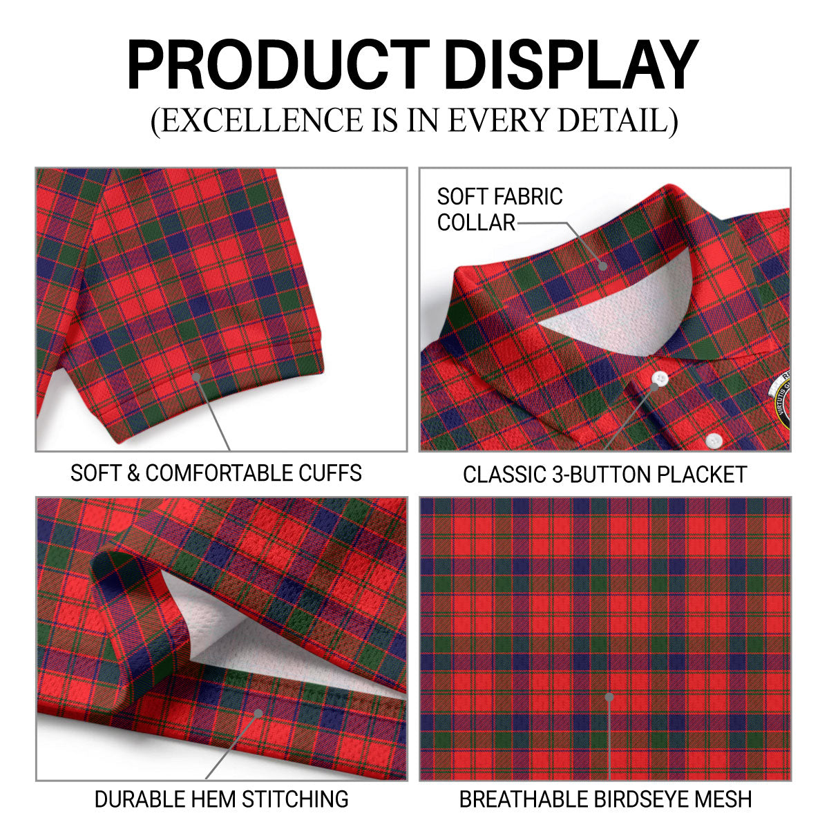 Reid Modern Tartan Crest Birdseye Mesh Polo Shirt
