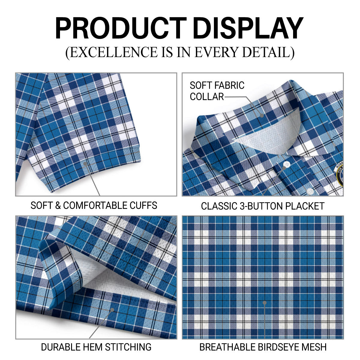 Roberton Tartan Crest Birdseye Mesh Polo Shirt