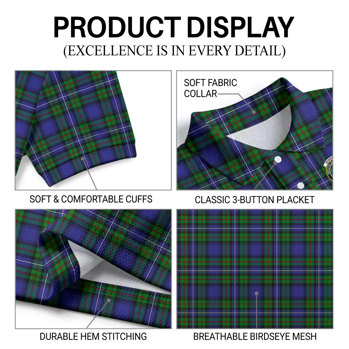 Robertson Hunting Modern Tartan Crest Birdseye Mesh Polo Shirt