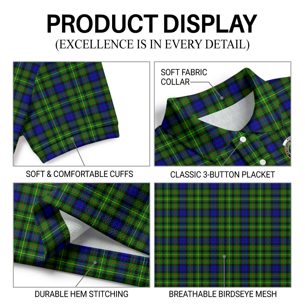 Rollo Modern Tartan Crest Birdseye Mesh Polo Shirt