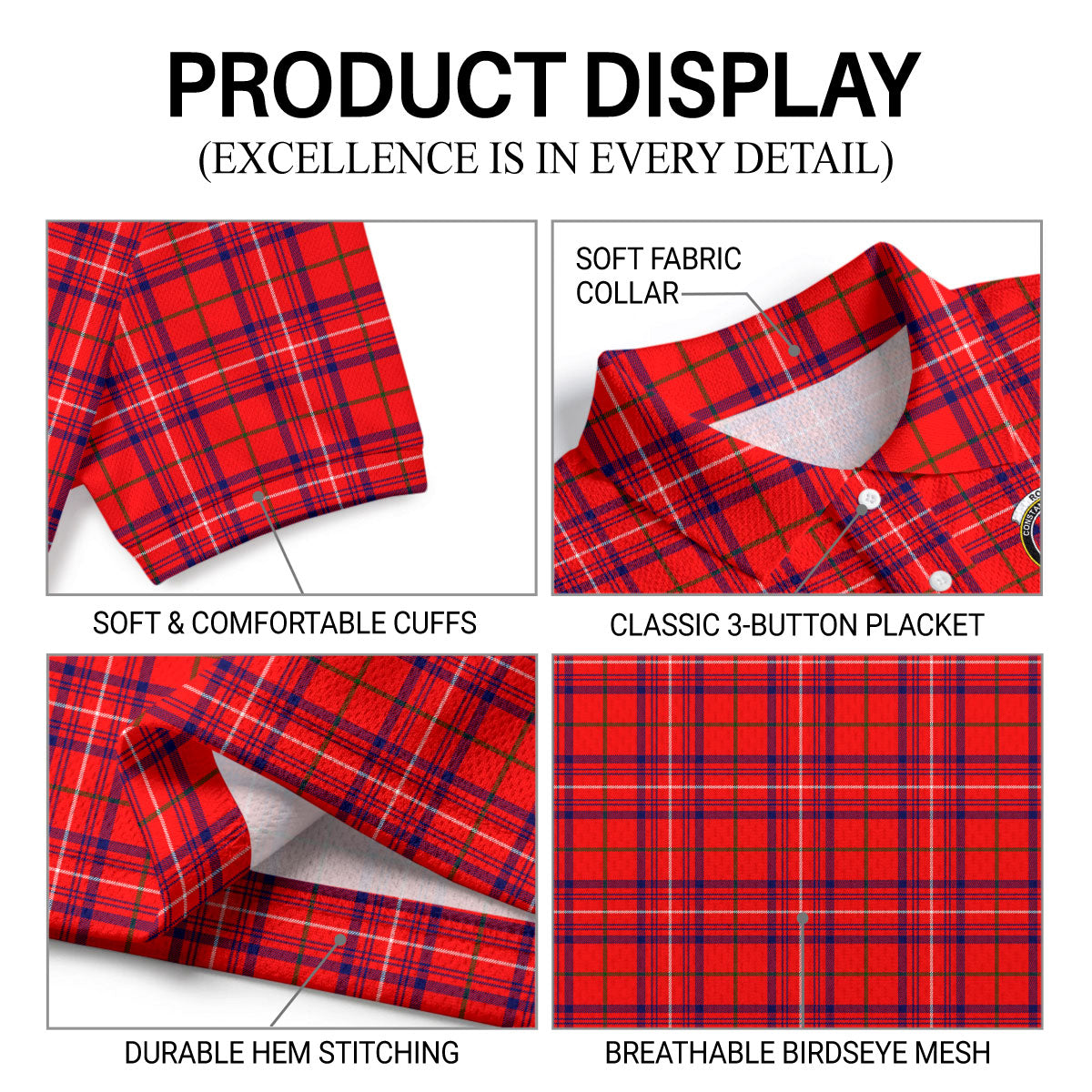 Rose Modern Tartan Crest Birdseye Mesh Polo Shirt
