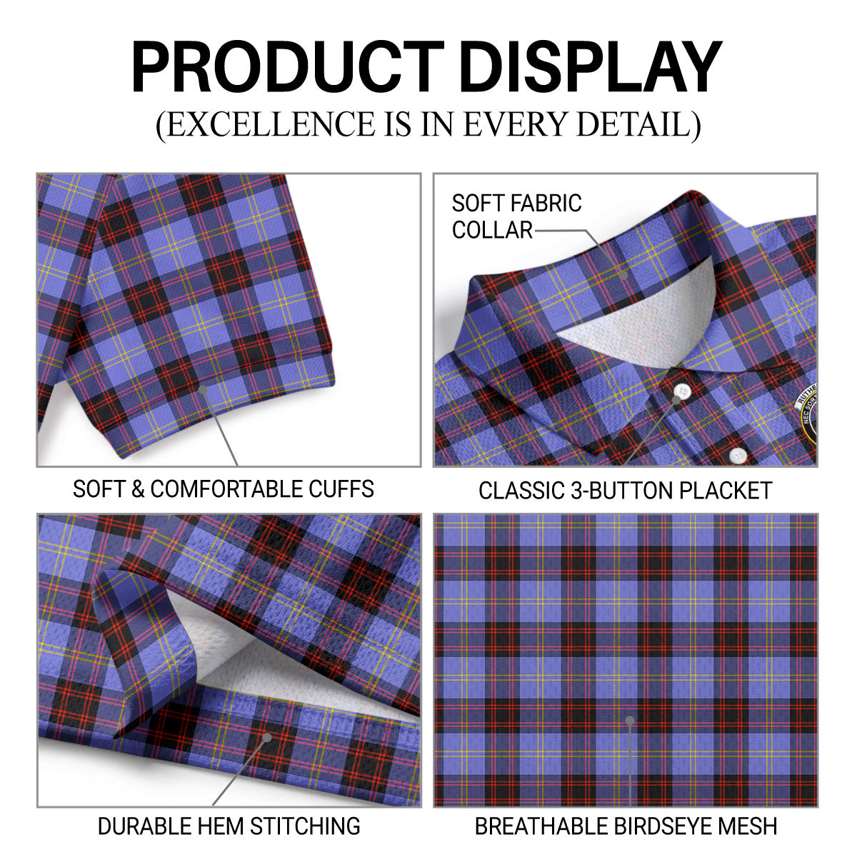 Rutherford Tartan Crest Birdseye Mesh Polo Shirt