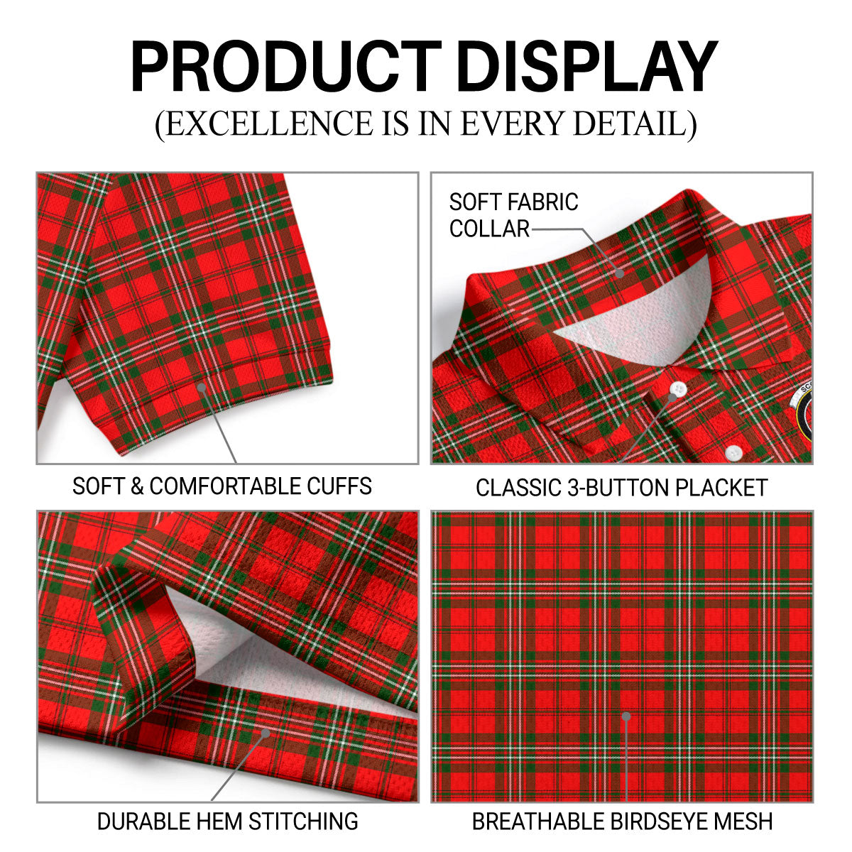 Scott Modern Tartan Crest Birdseye Mesh Polo Shirt