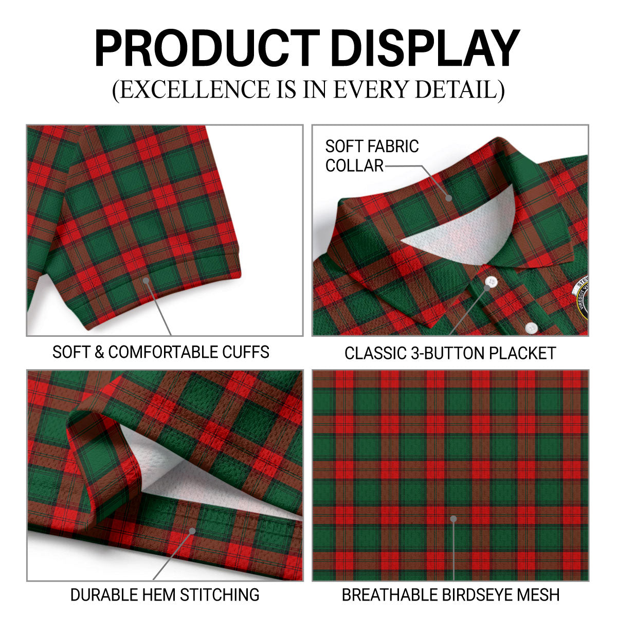 Stewart Atholl Modern Tartan Crest Birdseye Mesh Polo Shirt