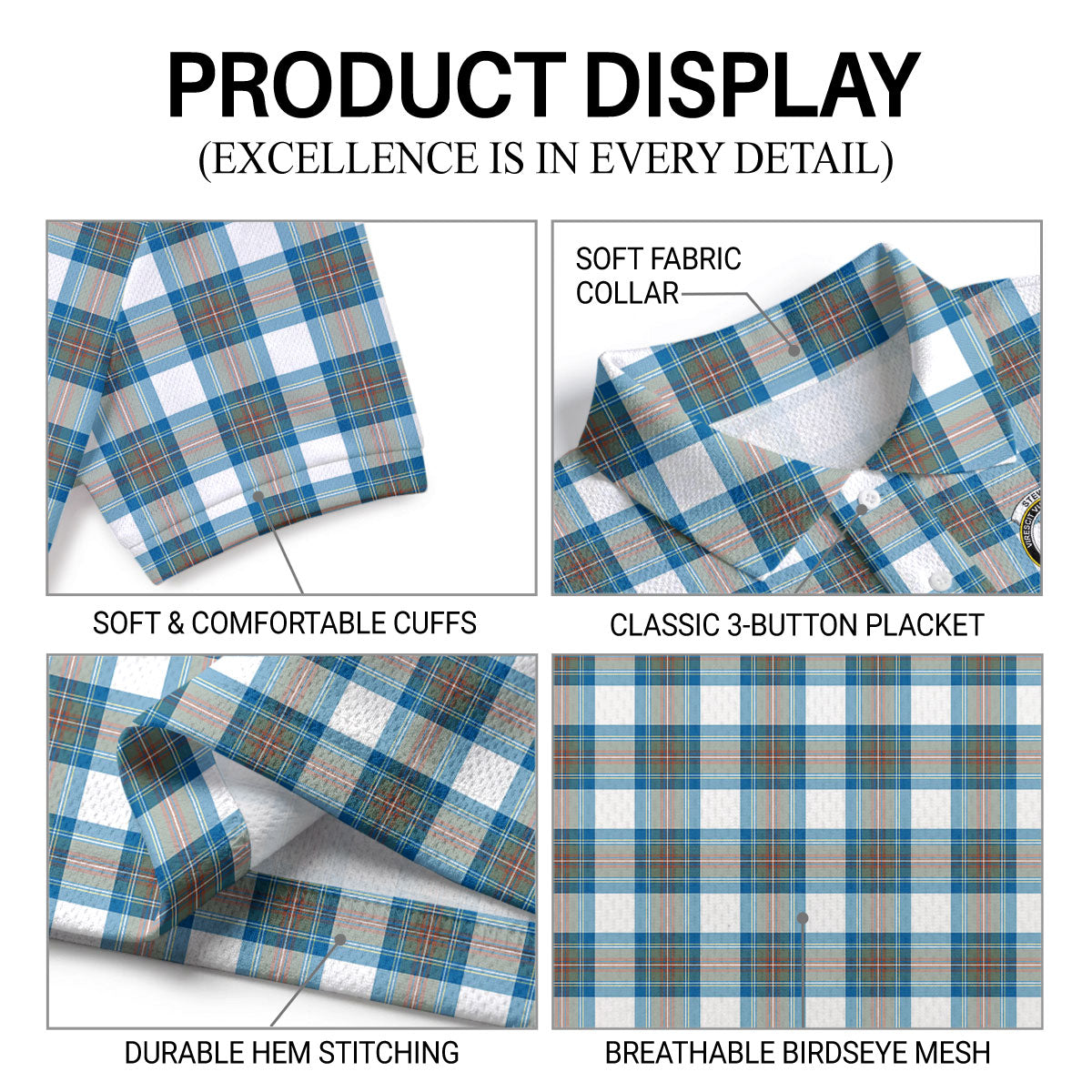 Stewart Muted Blue Tartan Crest Birdseye Mesh Polo Shirt