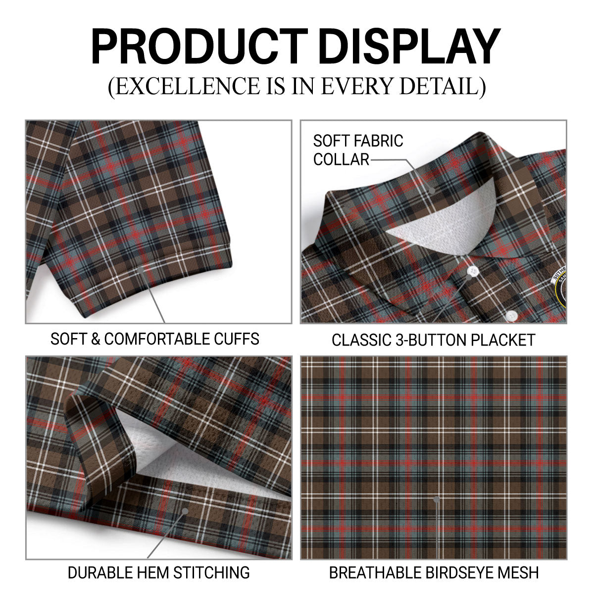 Sutherland Weathered Tartan Crest Birdseye Mesh Polo Shirt