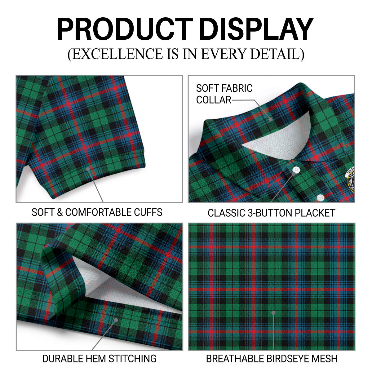 Urquhart Broad Red Ancient Tartan Crest Birdseye Mesh Polo Shirt