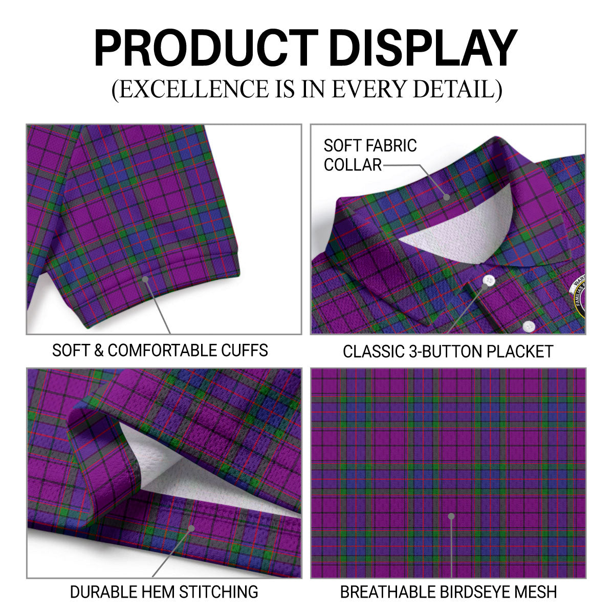 Wardlaw Modern Tartan Crest Birdseye Mesh Polo Shirt