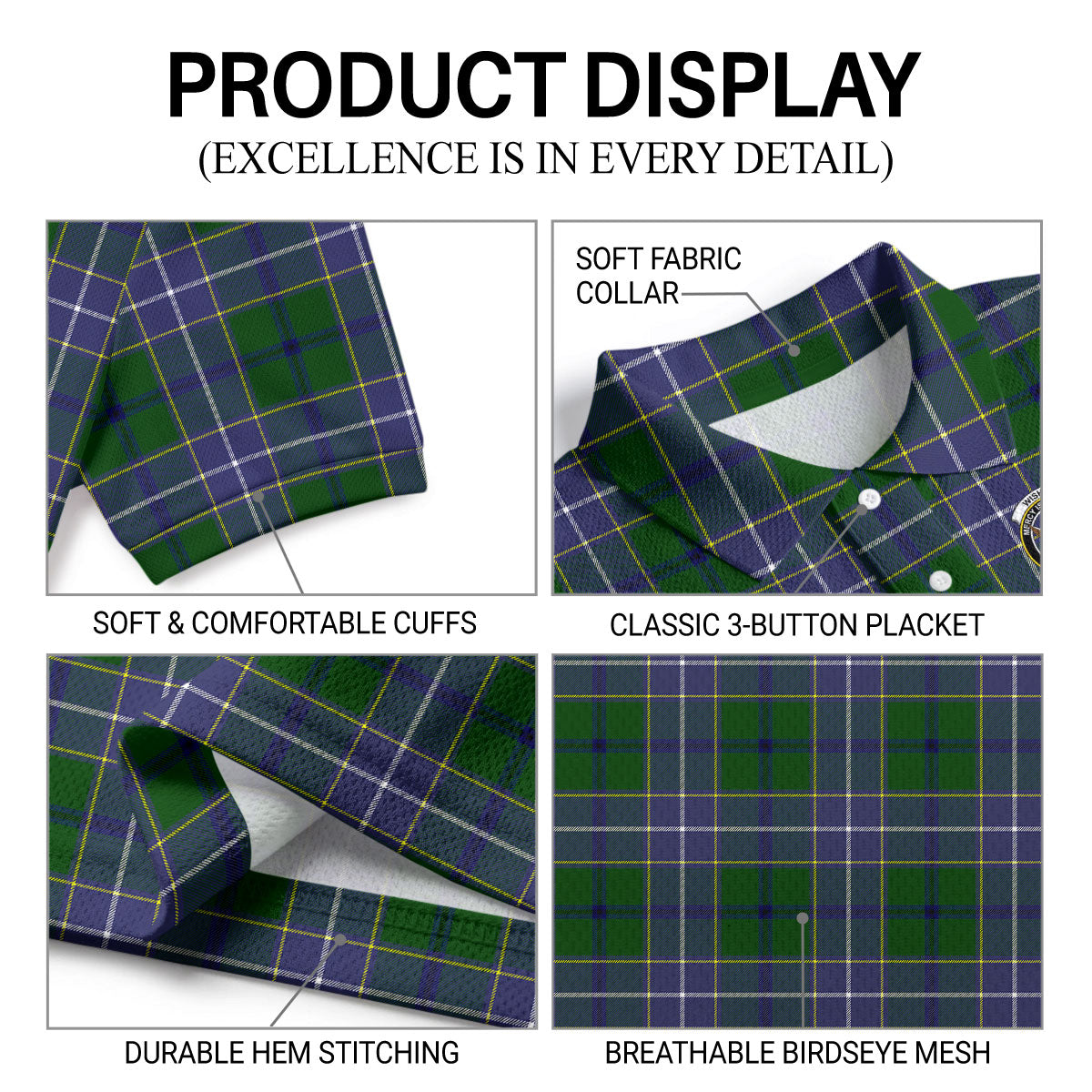 Wishart Hunting Tartan Crest Birdseye Mesh Polo Shirt