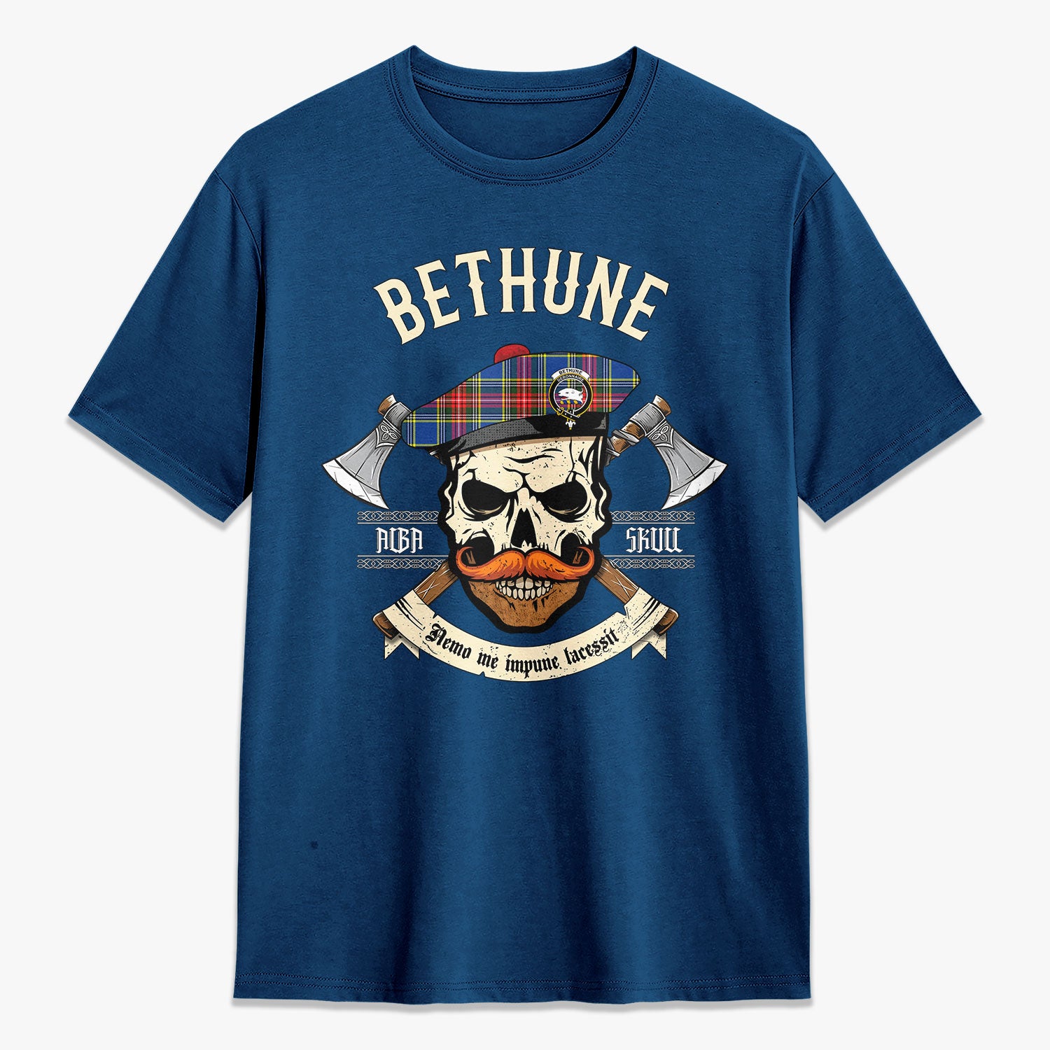 Bethune Modern Tartan Crest 2D T-shirt - Alba Skull Style