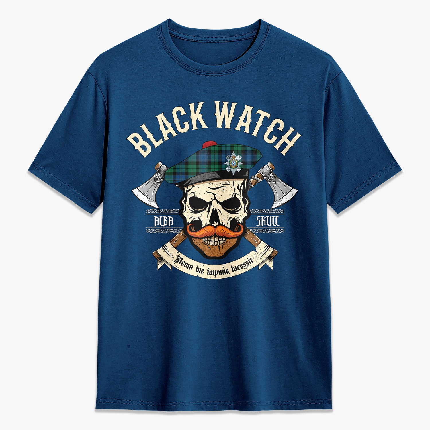 Black Watch Ancient Tartan Crest 2D T-shirt - Alba Skull Style