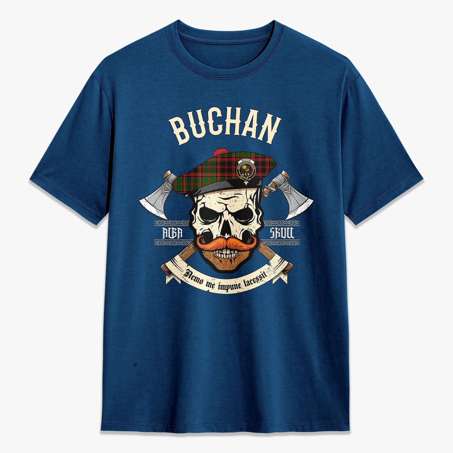 Buchan Modern Tartan Crest 2D T-shirt - Alba Skull Style