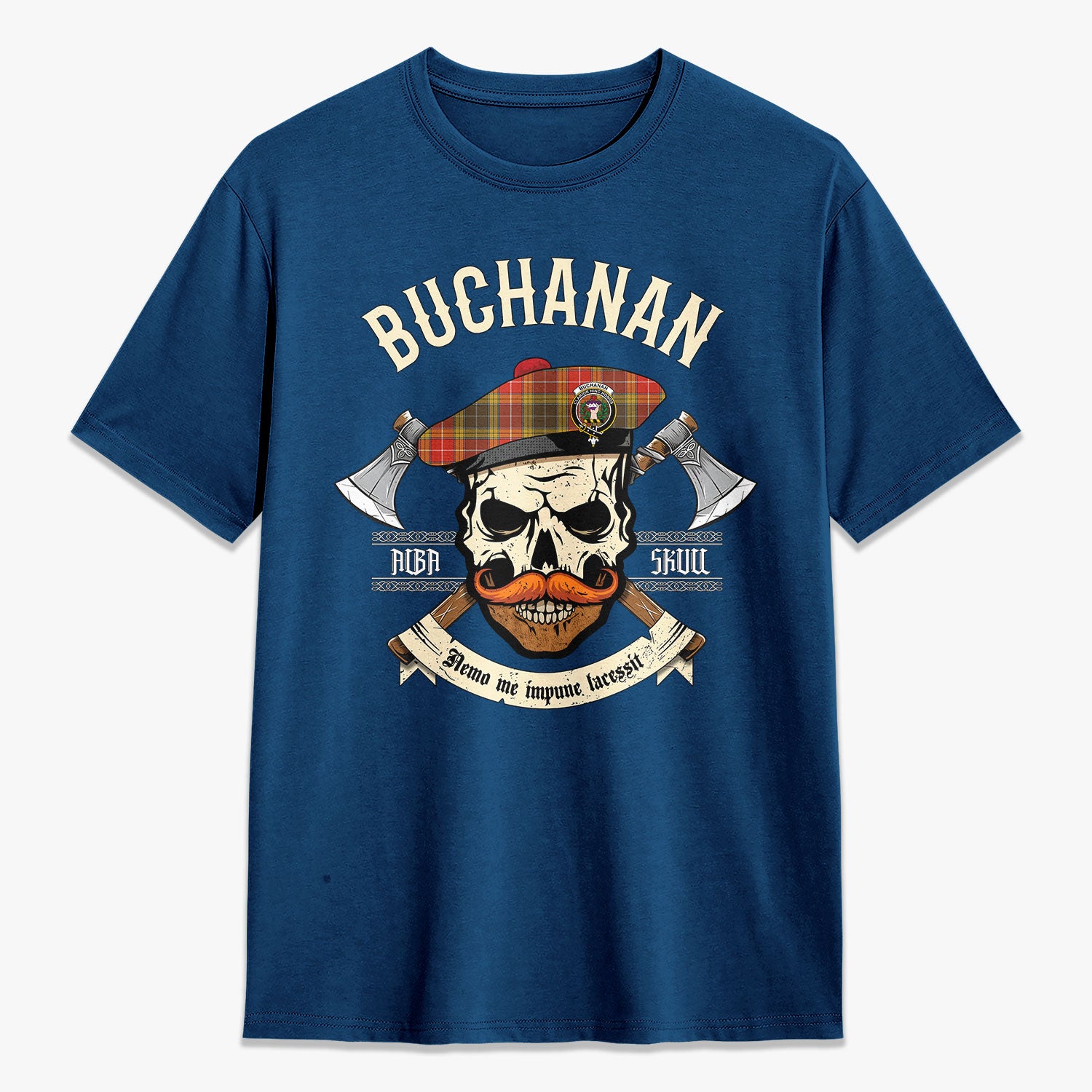 Buchanan Old Set Weathered Tartan Crest 2D T-shirt - Alba Skull Style