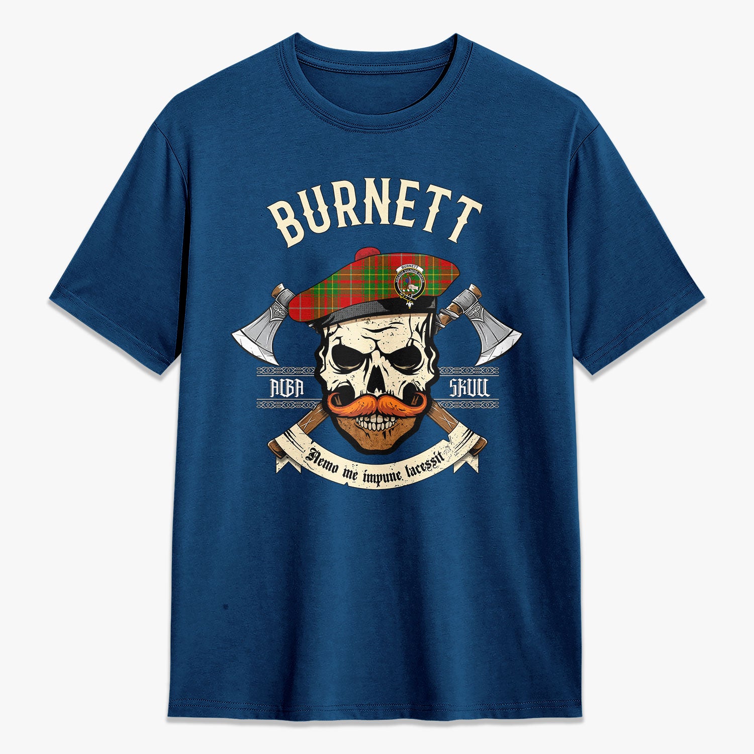 Burnett Ancient Tartan Crest 2D T-shirt - Alba Skull Style