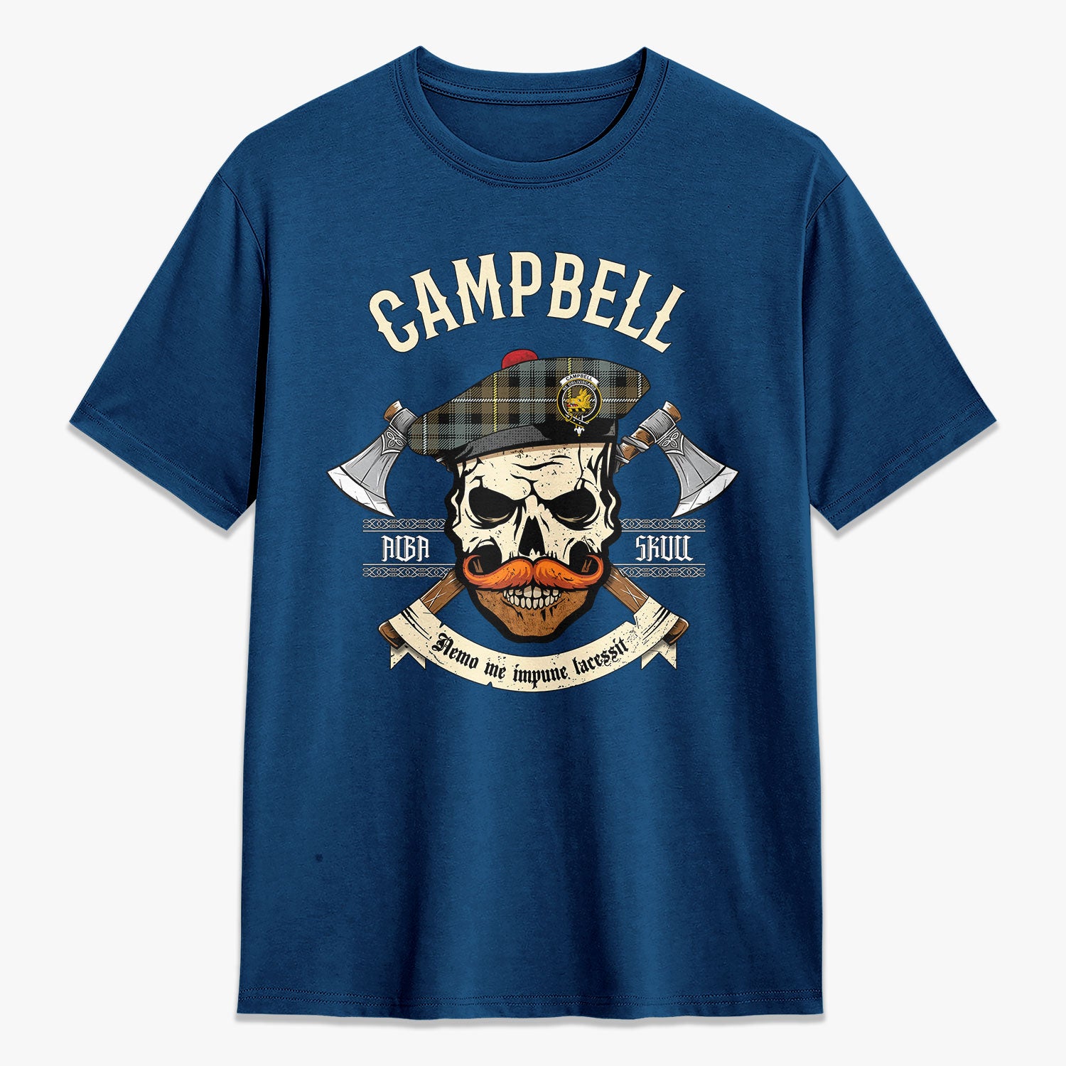 Campbell Argyll Weathered Tartan Crest 2D T-shirt - Alba Skull Style