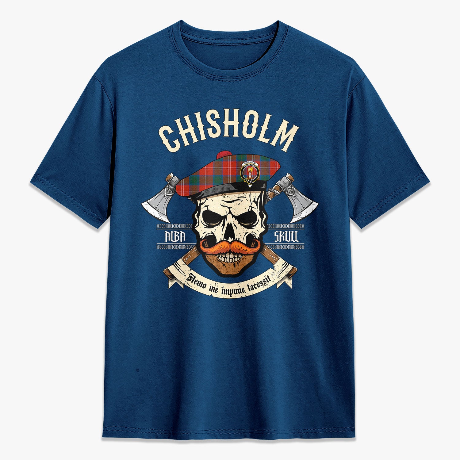 Chisholm Ancient Tartan Crest 2D T-shirt - Alba Skull Style