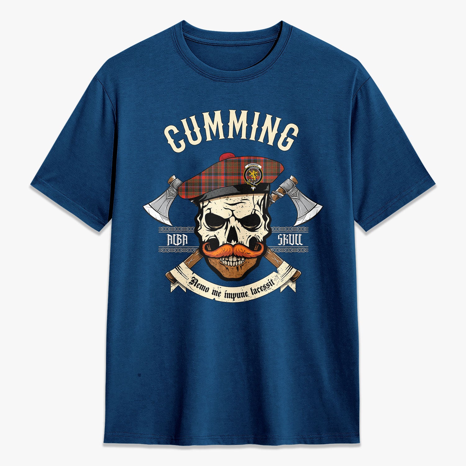 Cumming Hunting Weathered Tartan Crest 2D T-shirt - Alba Skull Style