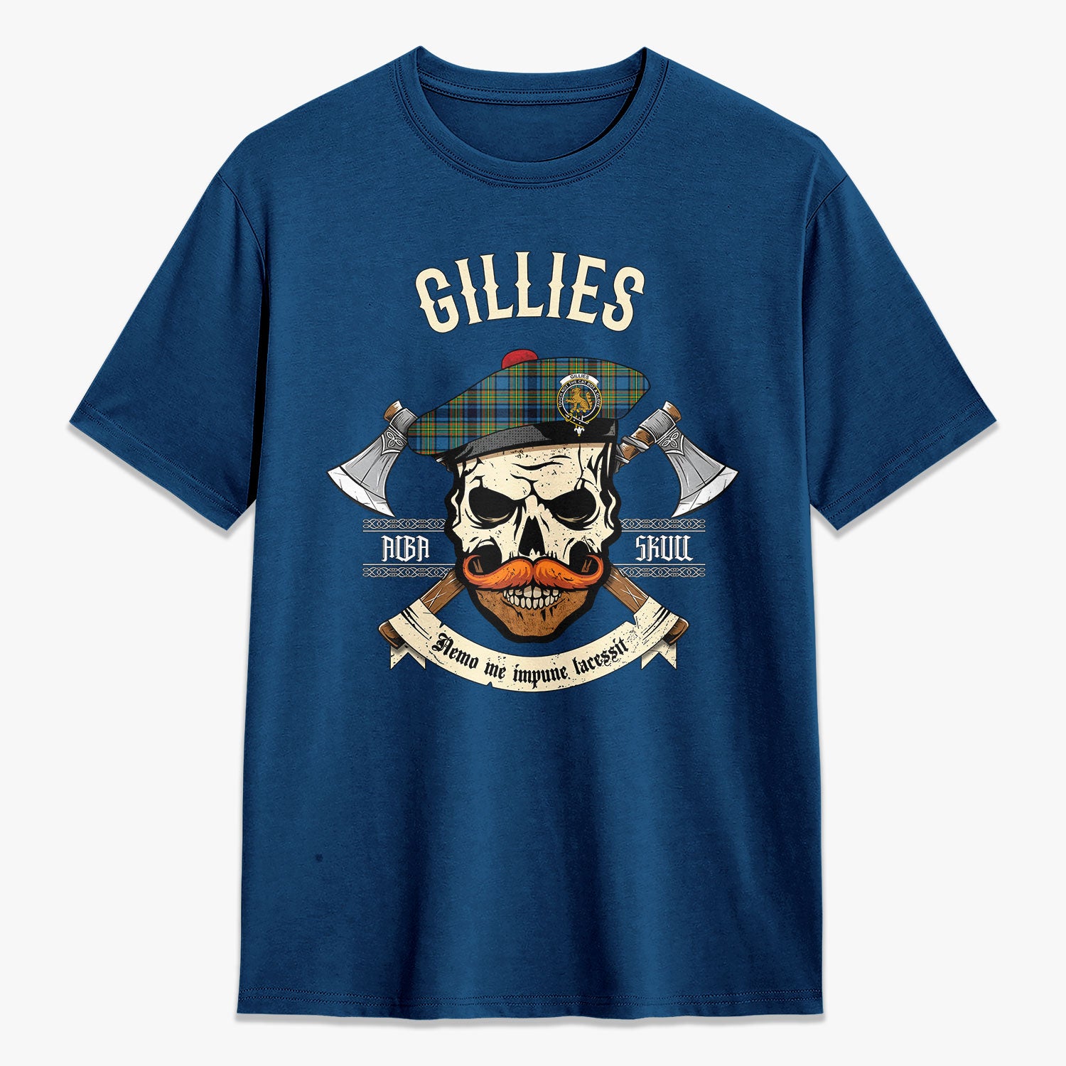 Gillies Ancient Tartan Crest 2D T-shirt - Alba Skull Style