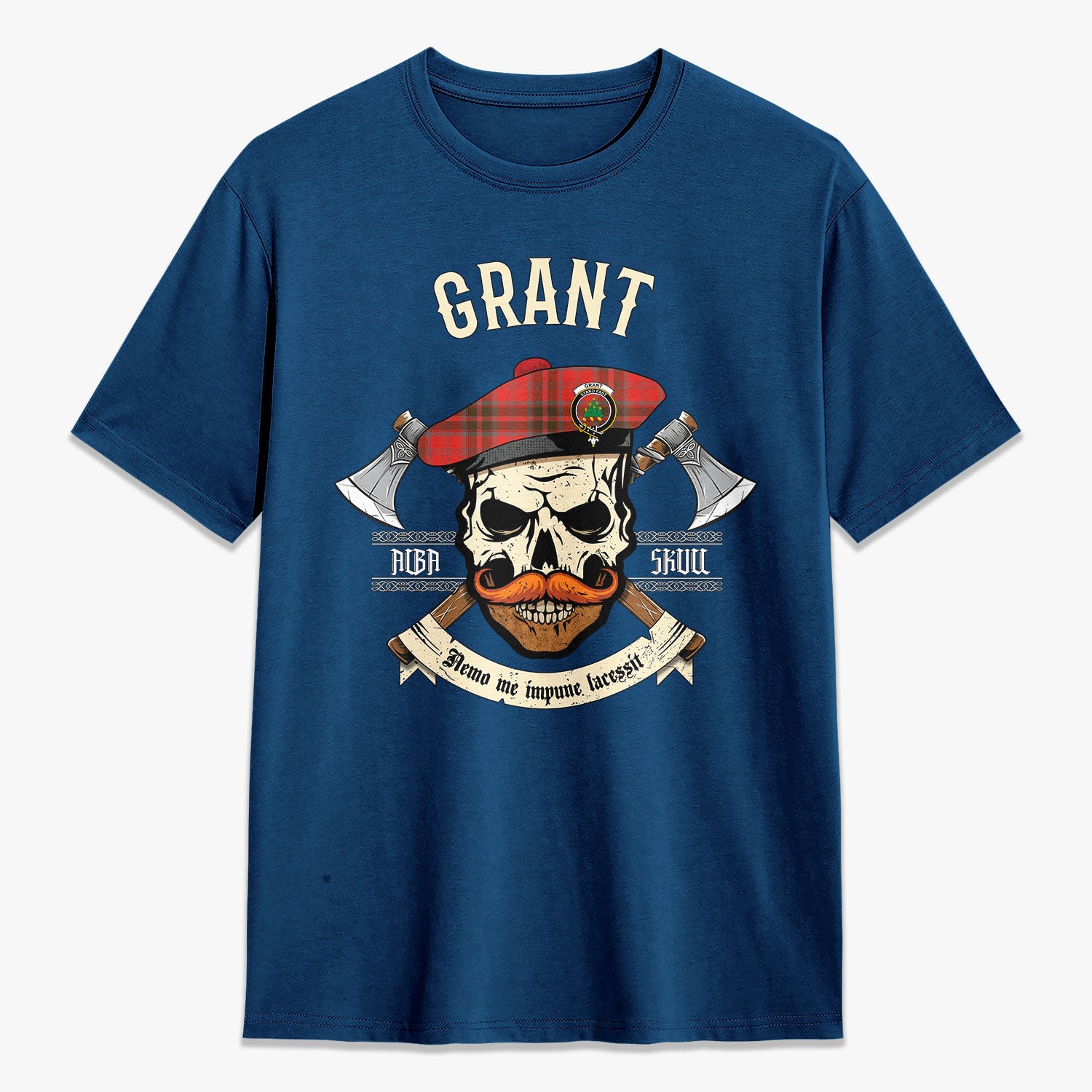 Grant Weathered  Tartan Crest 2D T-shirt - Alba Skull Style