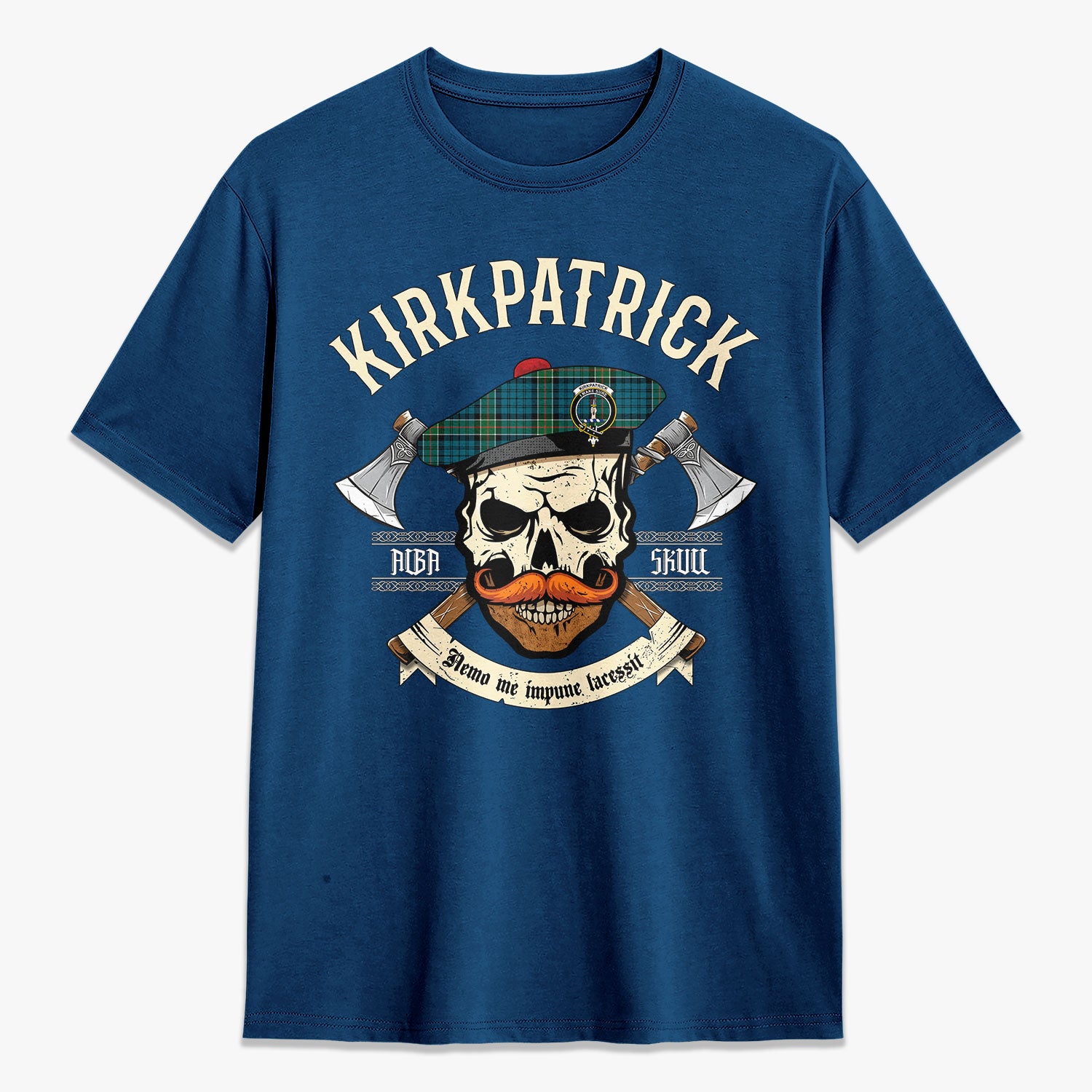 Kirkpatrick Ancient Tartan Crest 2D T-shirt - Alba Skull Style