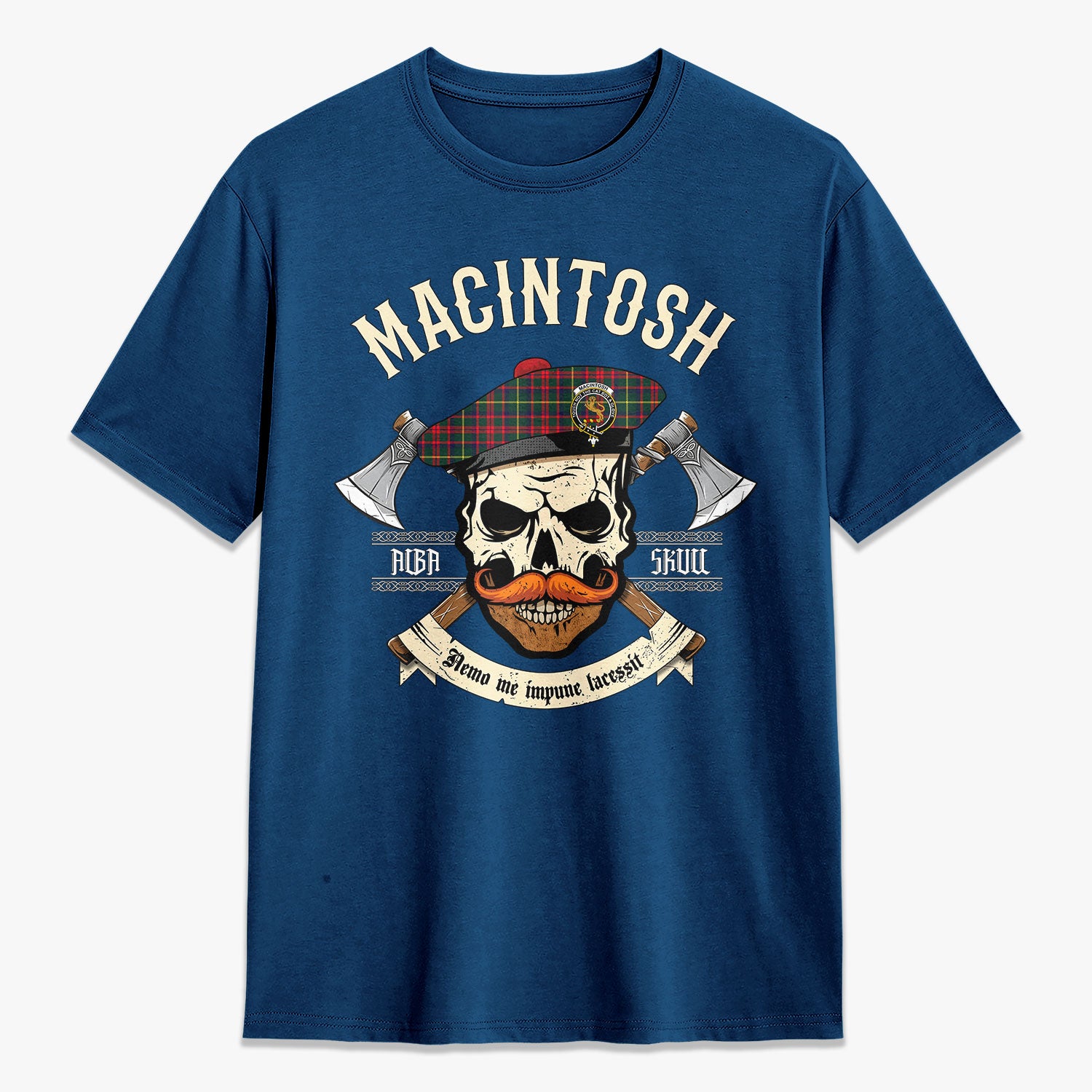 MacIntosh Hunting Modern Tartan Crest 2D T-shirt - Alba Skull Style