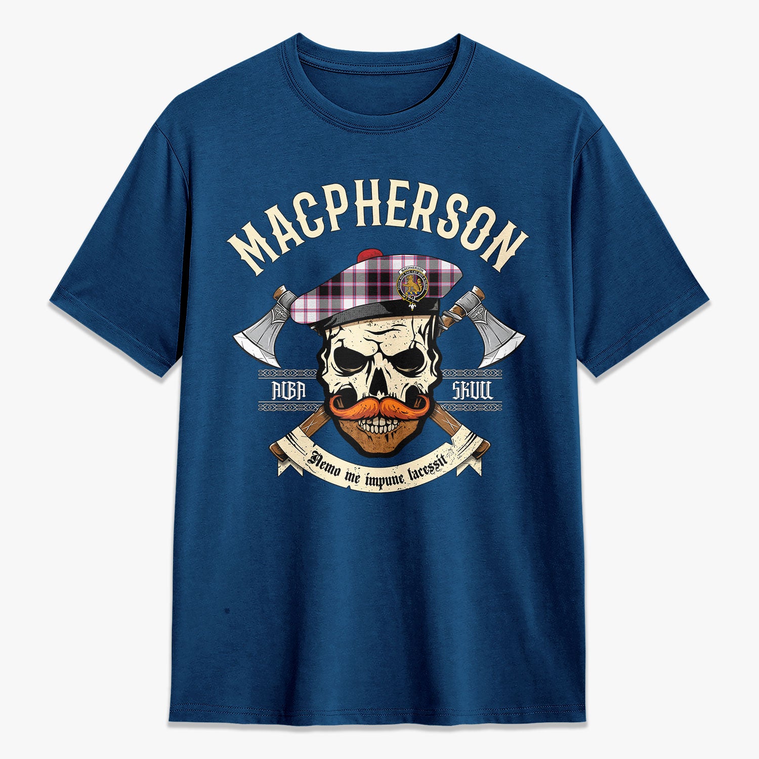 MacPherson Hunting Modern Tartan Crest 2D T-shirt - Alba Skull Style