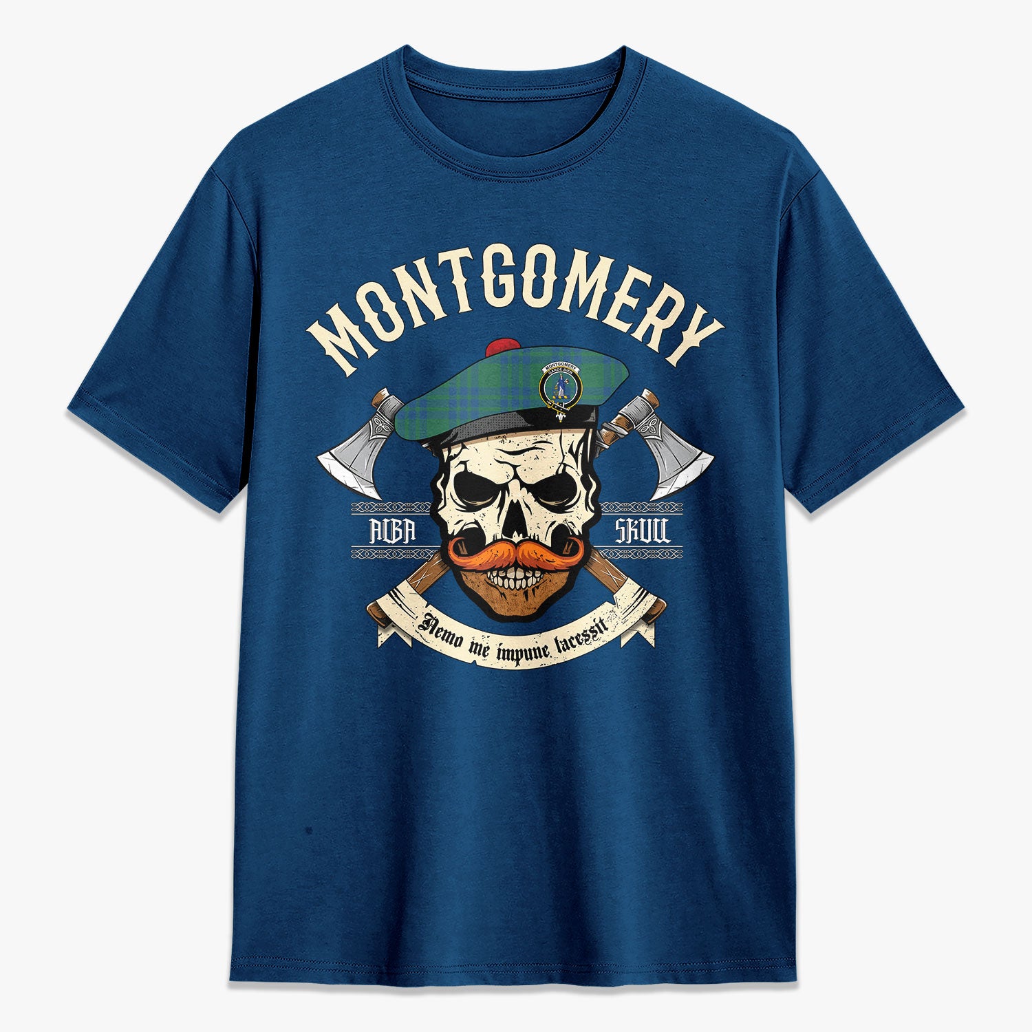 Montgomery Ancient Tartan Crest 2D T-shirt - Alba Skull Style