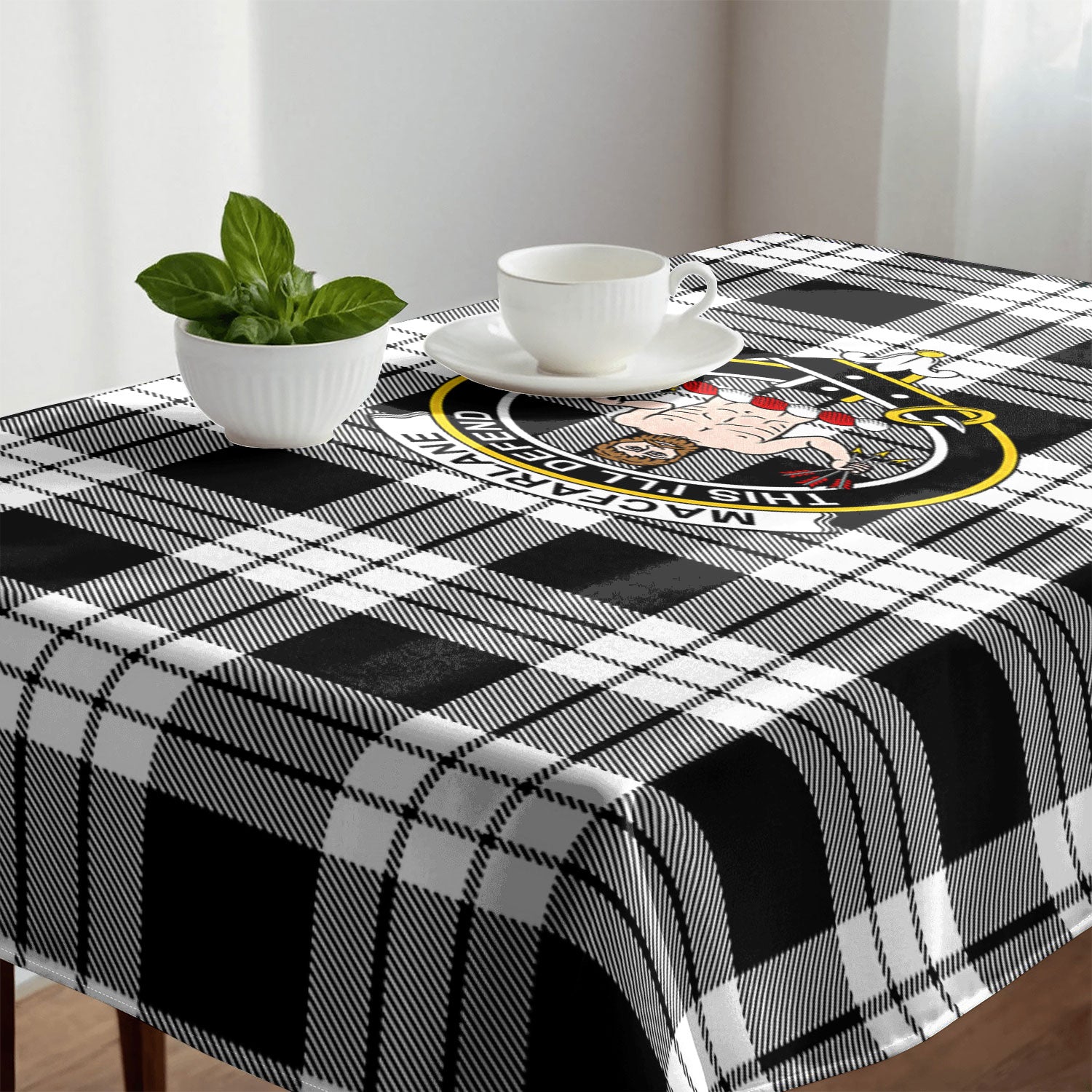 MacFarlane Black - White Tartan Crest Tablecloth