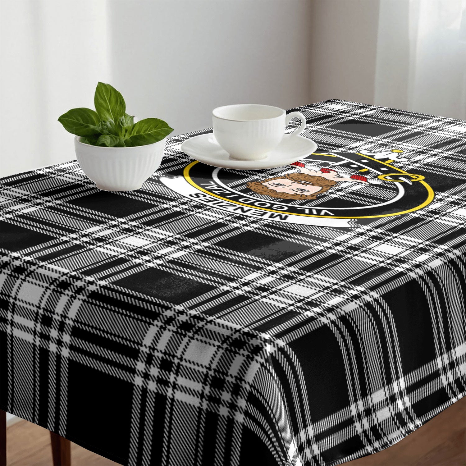 Menzies Black - White Modern Tartan Crest Tablecloth