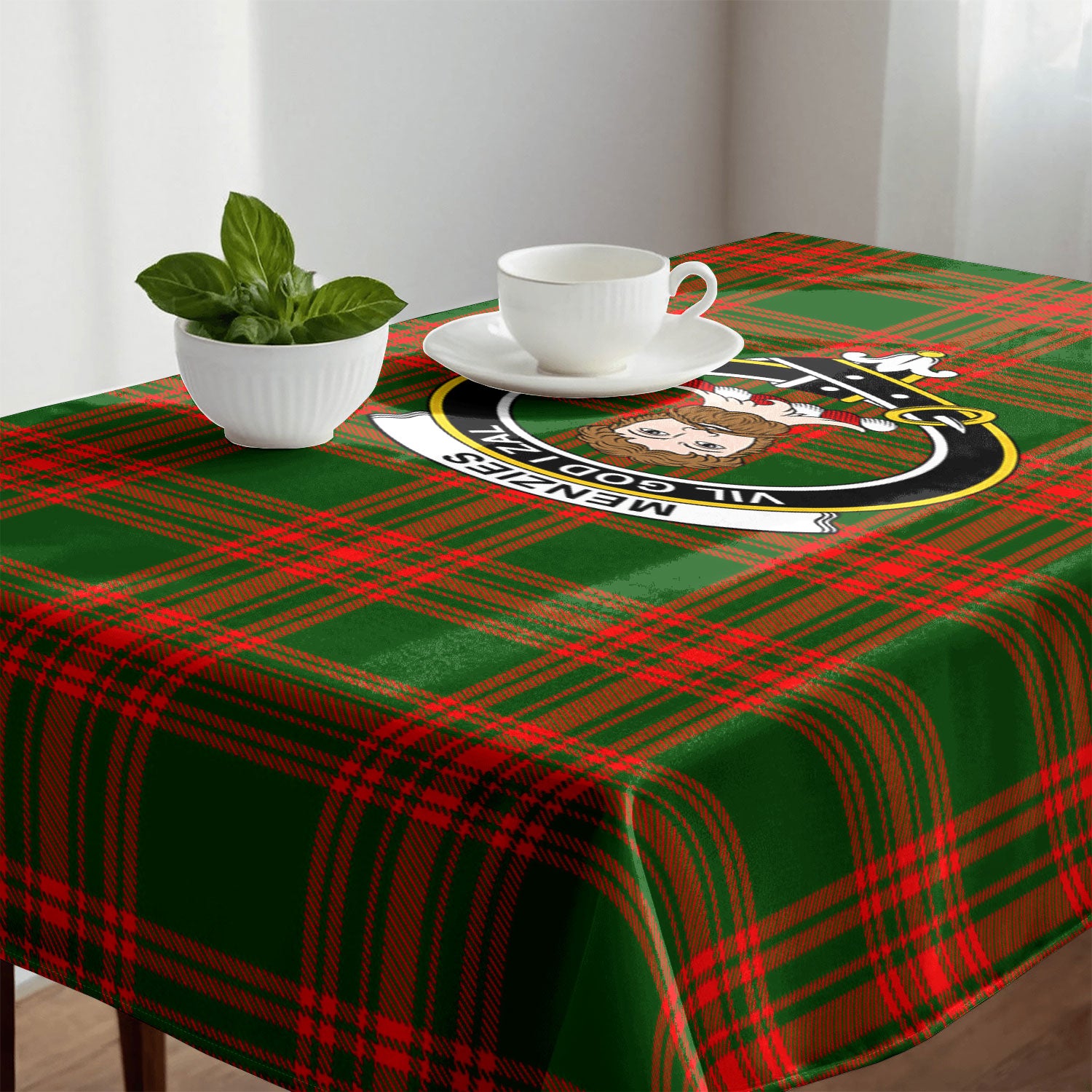 Menzies Green Modern Tartan Crest Tablecloth