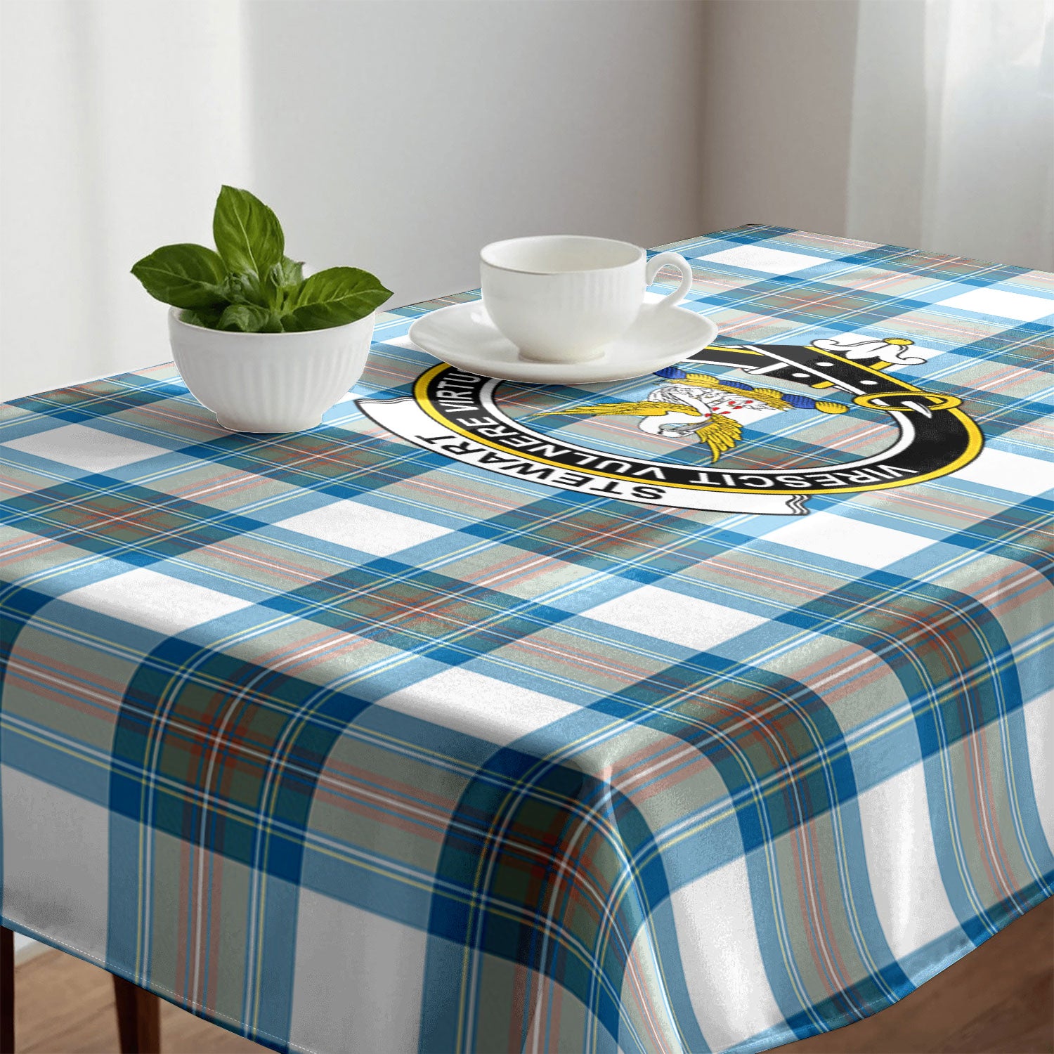 Stewart Muted Blue Tartan Crest Tablecloth