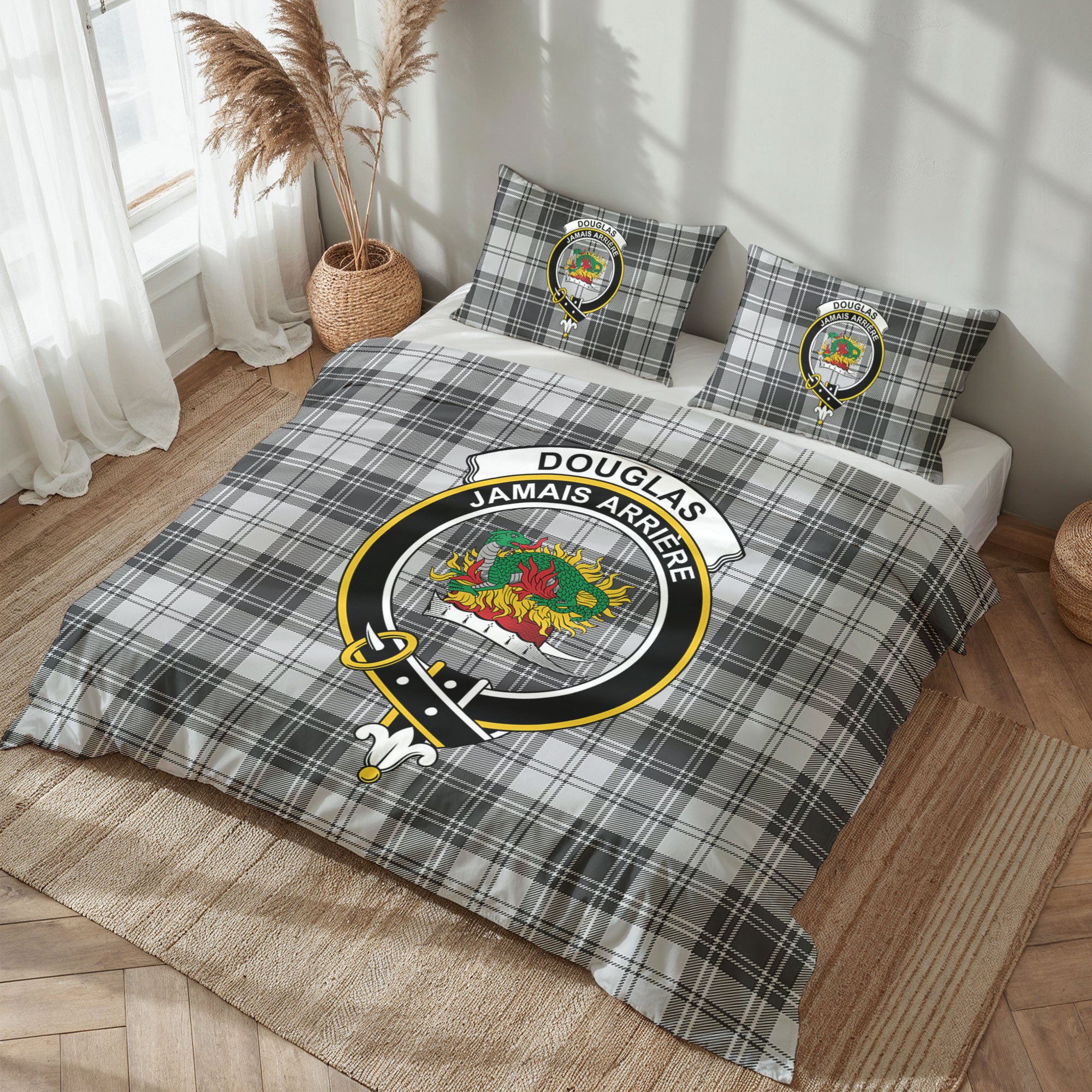 Douglas Grey Modern Tartan Crest Bedding Set