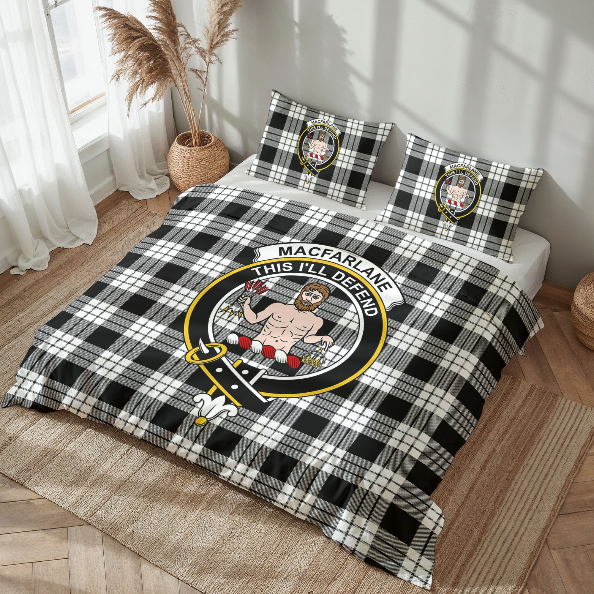 MacFarlane Black - White Tartan Crest Bedding Set