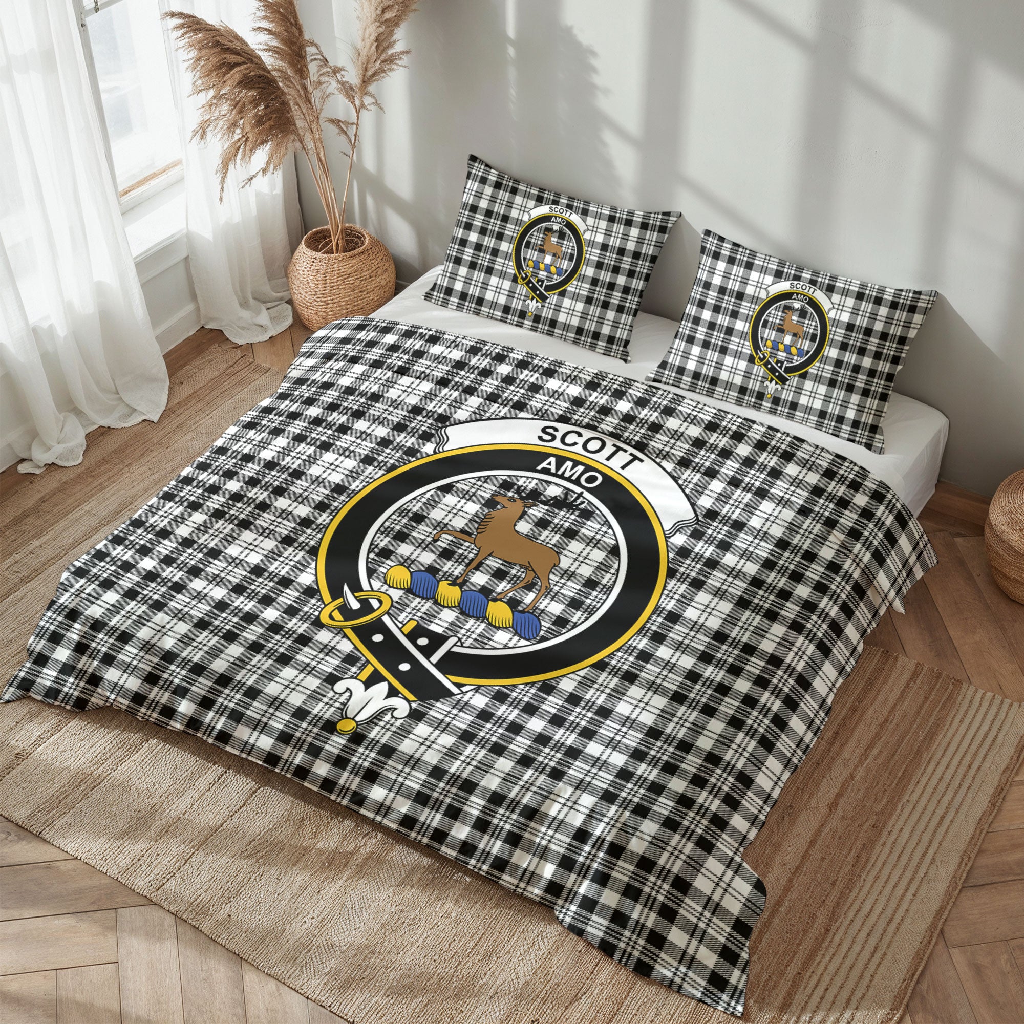 Scott Black & White Modern Tartan Crest Bedding Set