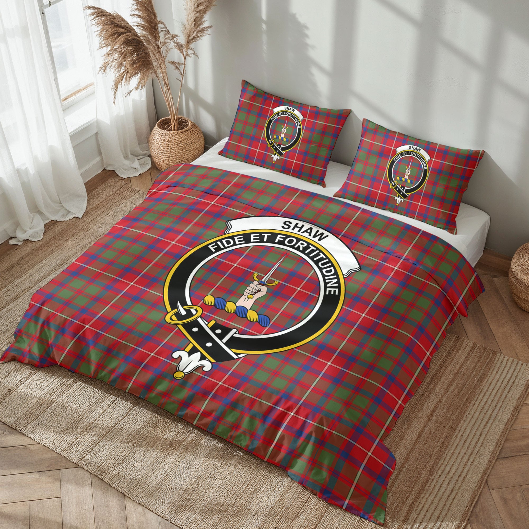 Shaw Red Modern Tartan Crest Bedding Set