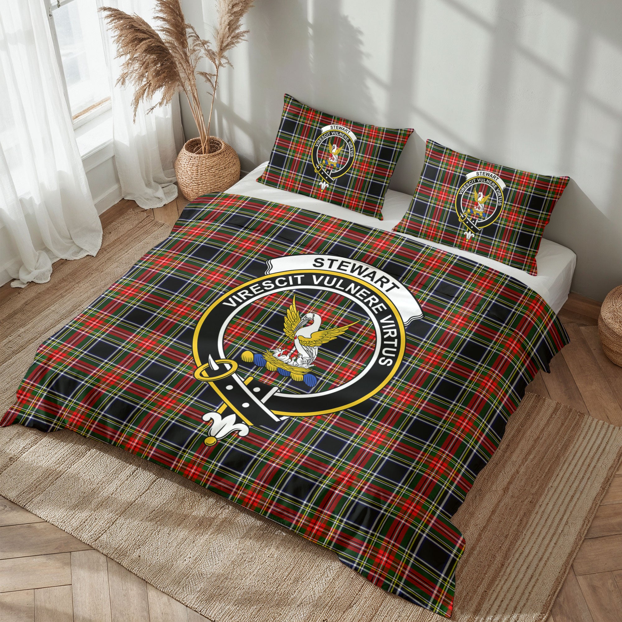 Stewart Black Tartan Crest Bedding Set