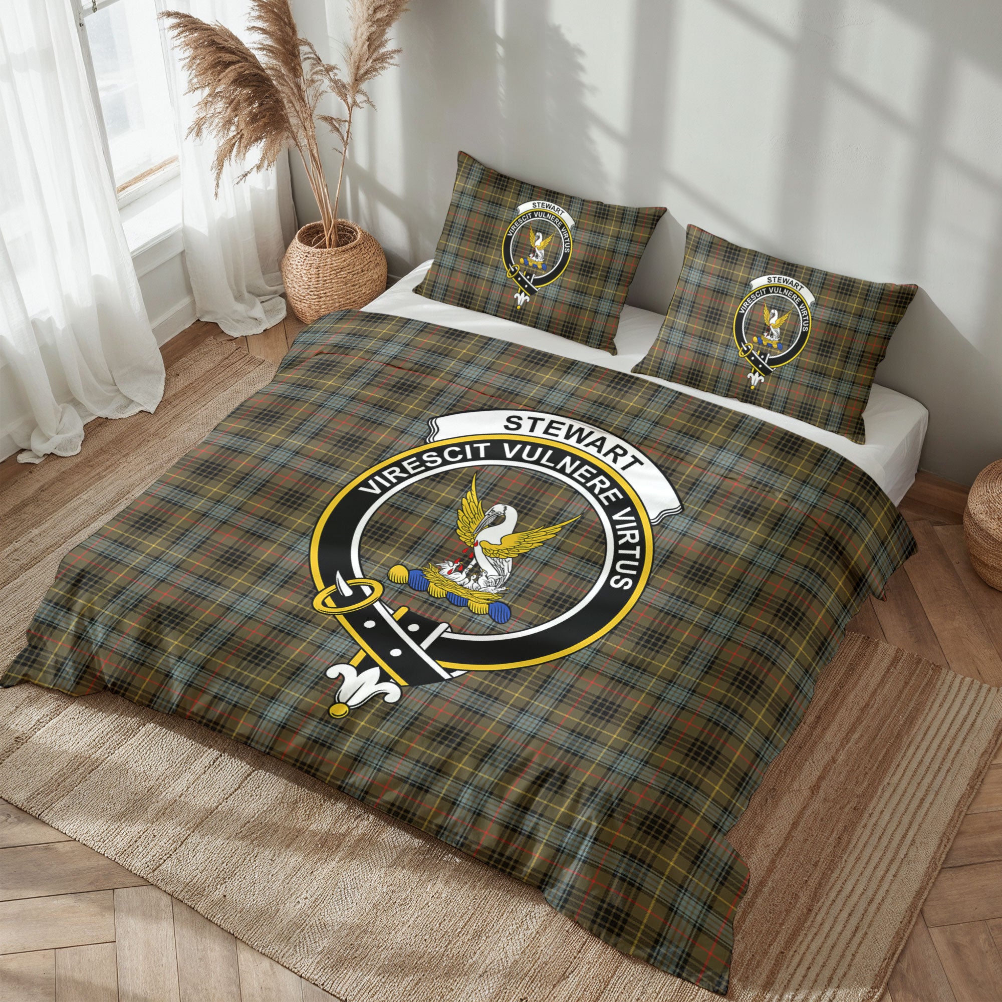 Stewart Hunting Weathered Tartan Crest Bedding Set
