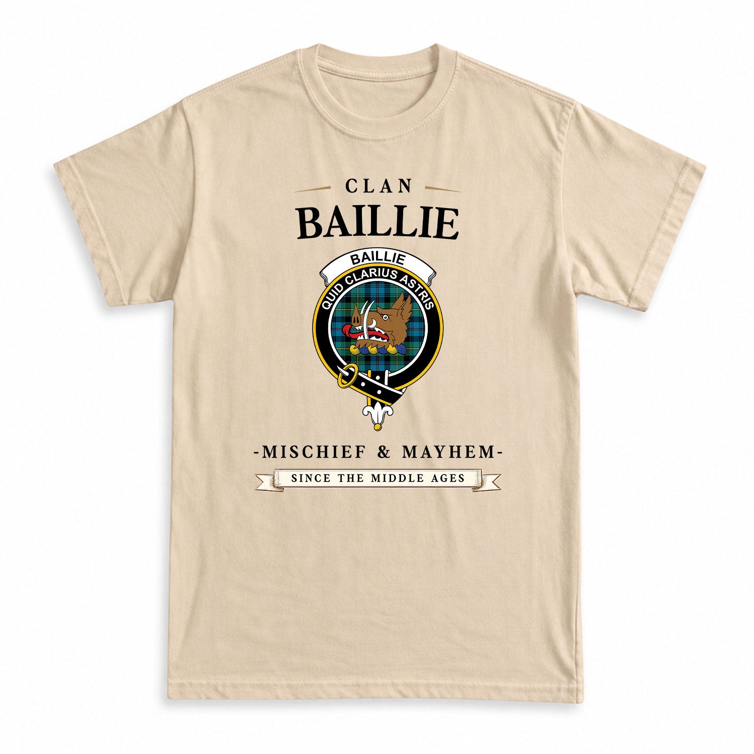 Baillie Ancient Tartan Crest Mischief and Mayhem T-shirt