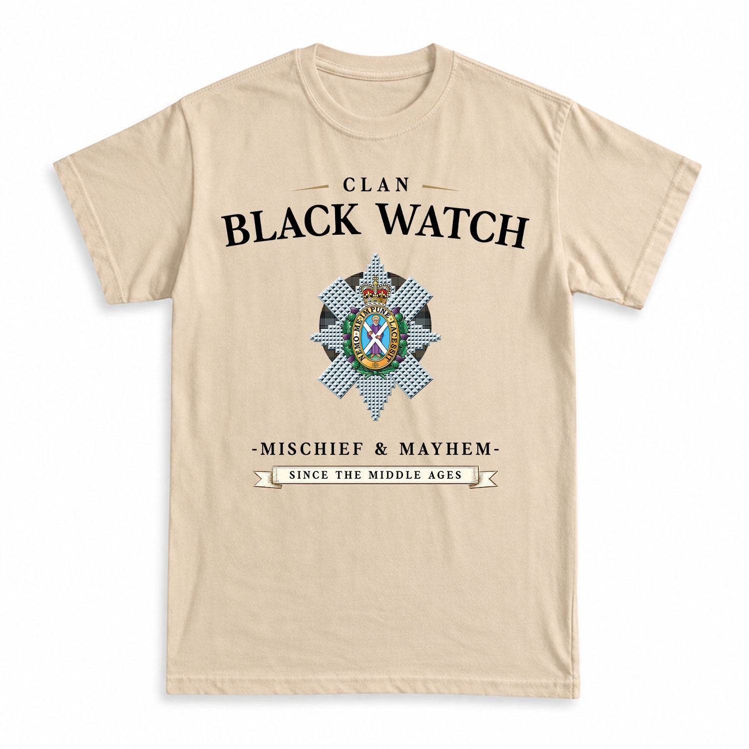 Black Watch Weathered Tartan Crest Mischief and Mayhem T-shirt