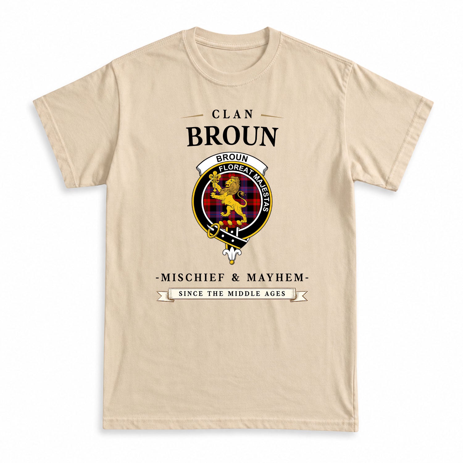 Broun Modern Tartan Crest Mischief and Mayhem T-shirt