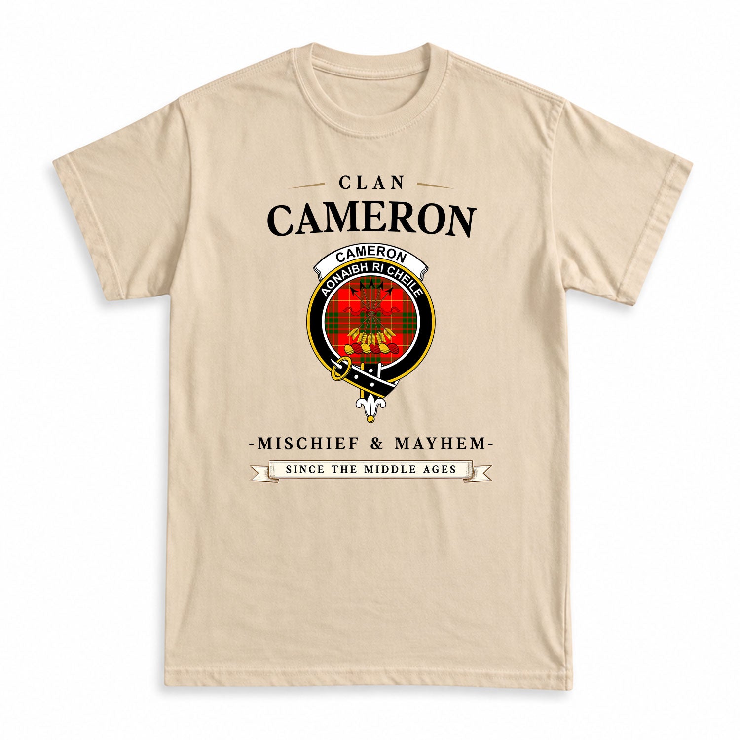 Cameron Modern Tartan Crest Mischief and Mayhem T-shirt