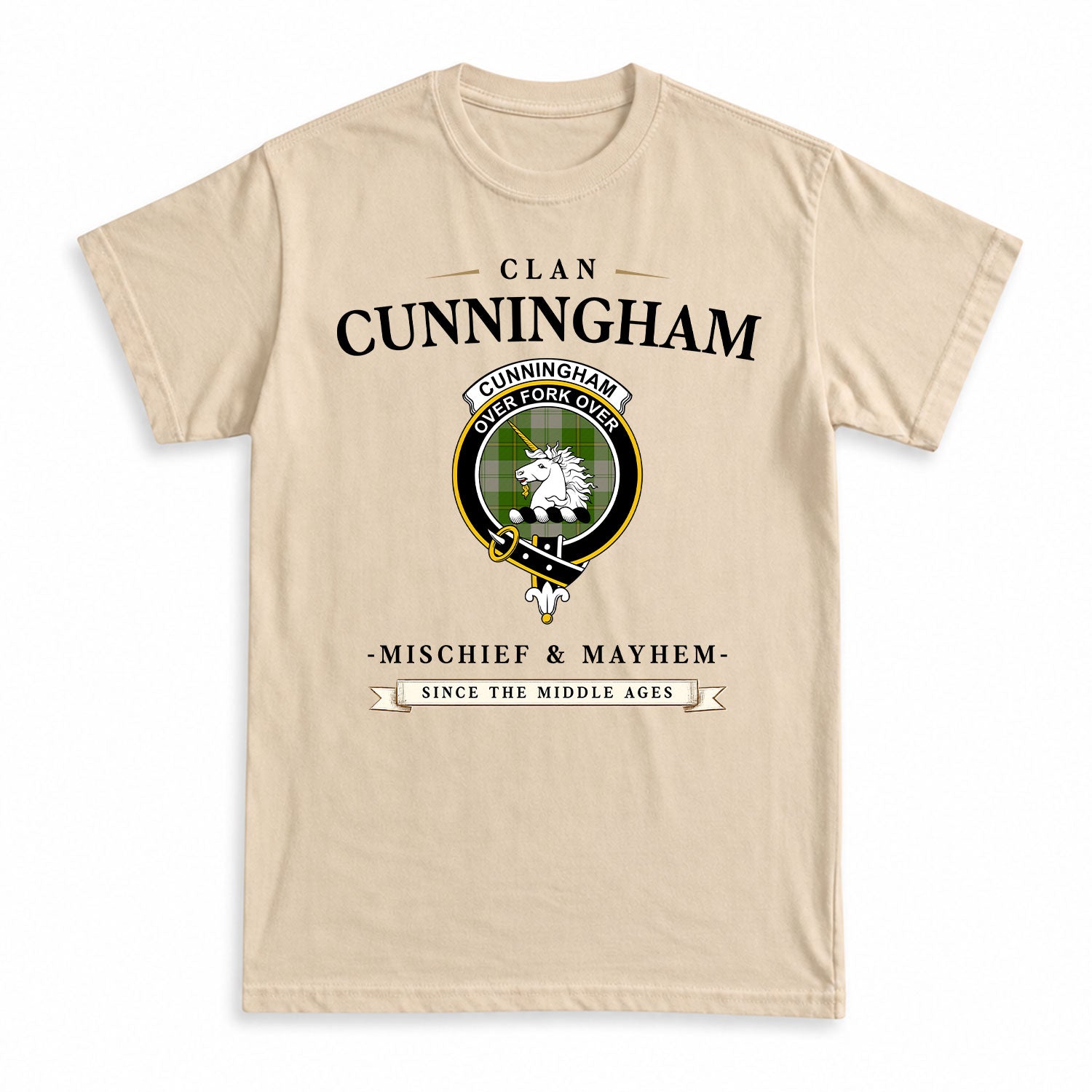 Cunningham Dress Green Dancers Tartan Crest Mischief and Mayhem T-shirt