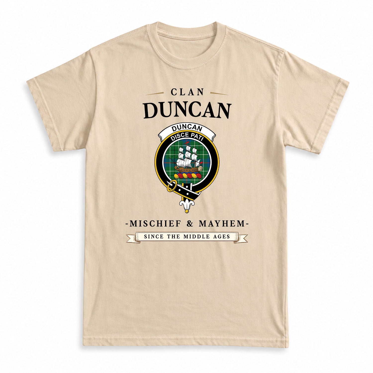 Duncan Ancient Tartan Crest Mischief and Mayhem T-shirt